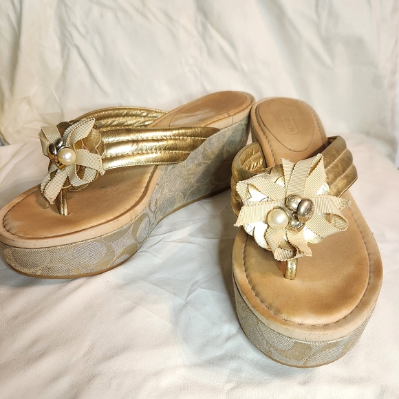 Coach Shoes - Coach Gold Wedge Sandals with Pearl Flower